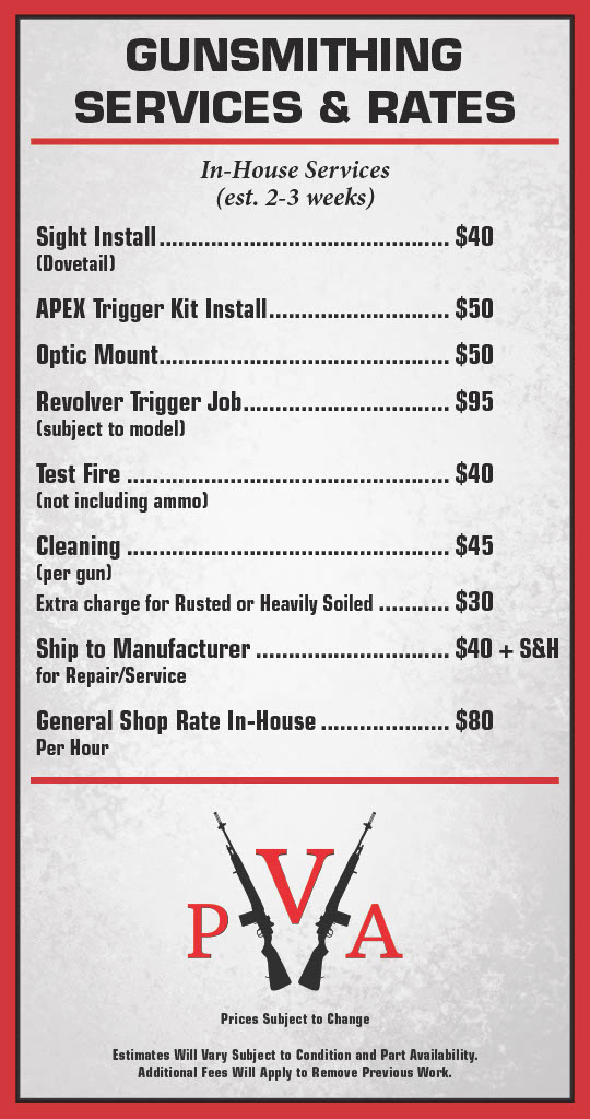 PVA Gunsmith Rates Effective 03-25-2024